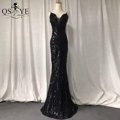 Black Petal Lace Evening Dresses Sequin Mermaid Prom Gown Triangle Net V Neck Formal Dress Spaghetti Straps Women Party Dress