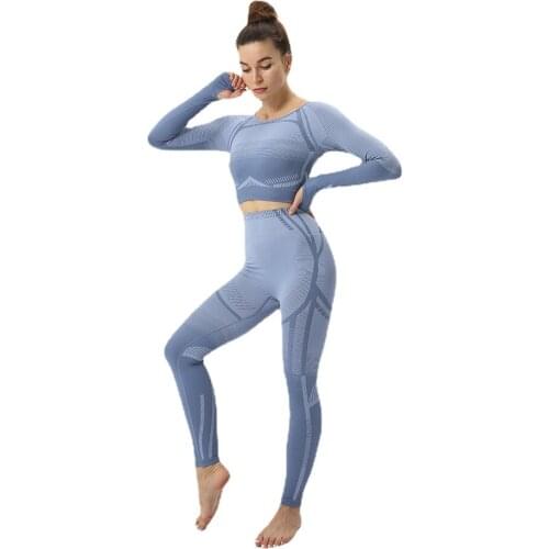 CXUEY 2020 Autumn Seamless Suit for Fitness Wear Women Sportswear Dry Fit Sport Workout Clothes for Women Crop Top Yoga Set Blue