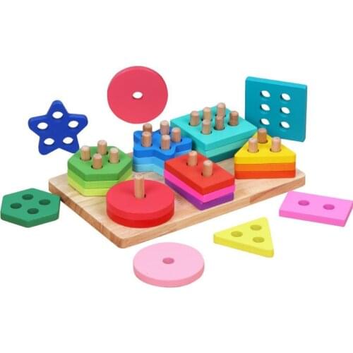 Wooden Colorful Geometric Puzzles Stacking Matching Shape Education Kids Toy