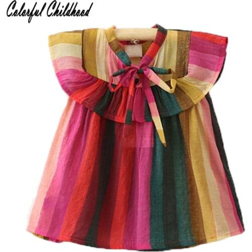 Ruffles Sleeve Kids Girls rainbow stripe shirt For girls bow design princess blouse tops children clothes 2-7Yrs