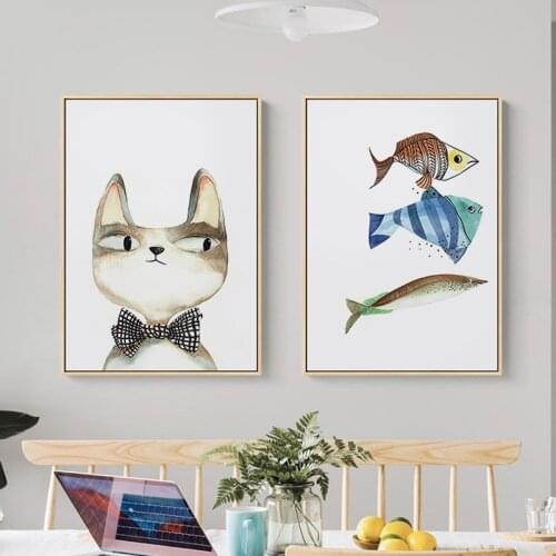 Nordic Cute Cartoon Gentleman Cat Fish Canvas Wall Art Picture For Living Room Kids Modern Home Decor Lil Peep Posters And Print