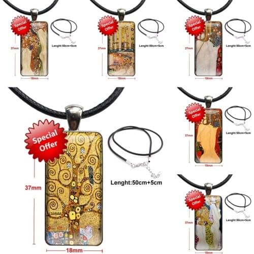 Kiss Gustav Klimt Glass Cabochon Jewelry Steel Color With Long Pendant Choker Rectangle Necklace For Unisex Party Gift Cyber