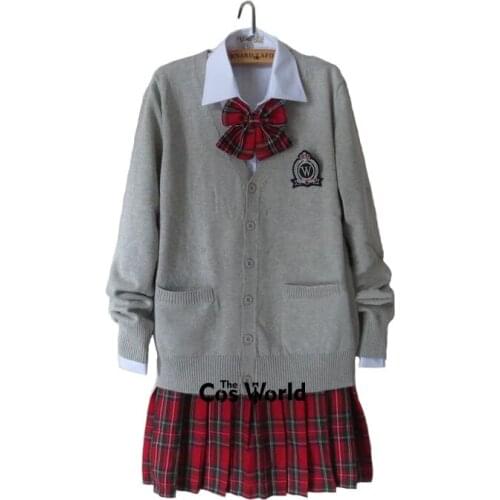Preppy Style Student Class Japan JK High School Uniform Winter Gray V-Neck Cardigan Red Plaid Pleated Skirt Shirt Suits
