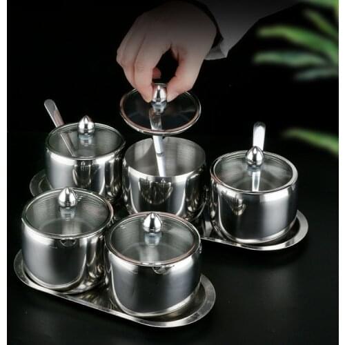 304 Stainless Steel Seasoning Box With Glass Lid Kitchen Seasoning Pot Set Multi-Function Salt And Pepper Container