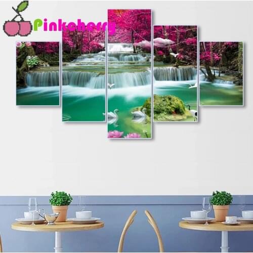 Multi-Panel Diamond Painting Complete novelty Waterfall swans Picture diamond embroidery 5 piece landscape puzzle mosaic k441