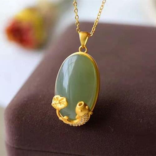 New silver inlaid with natural Hetian Chalcedony, Koi Pendant Necklace, Chinese classical palace style womens jewelry