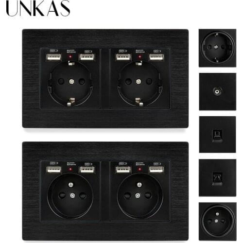 UNKAS Black Aluminum Panel EU French Wall Power Socket Dual USB Port + TV RJ11 Telephone RJ45 Internet Computer Jack Outlet