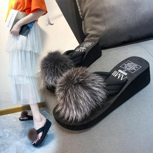 Fox Fur Womens Slippers with Thick Soles Non-slip Flip-flop Platform Casual Furry Slides for Women Summer Woman Shoes A115