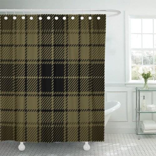 Beige Abstract Brown Scottish Woven Tartan Plaid Black Checkered Bathroom Curtain Waterproof Polyester Fabric 72 x 78 inches Set