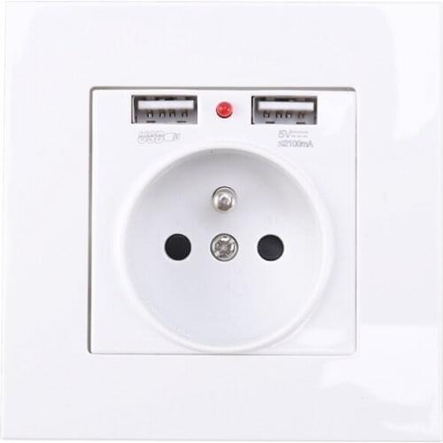 EU Plug,Child Protection Door, with Grounded Wall Socket, French Standard Socket with 2.1A Dual USB Charging Function
