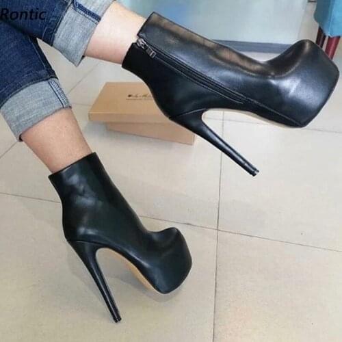 Rontic Handwork Women Winter Platform Ankle Boots Unisex Side Zipper Stiletto Heels Round Toe Black Boutique Shoes US Size 5-20