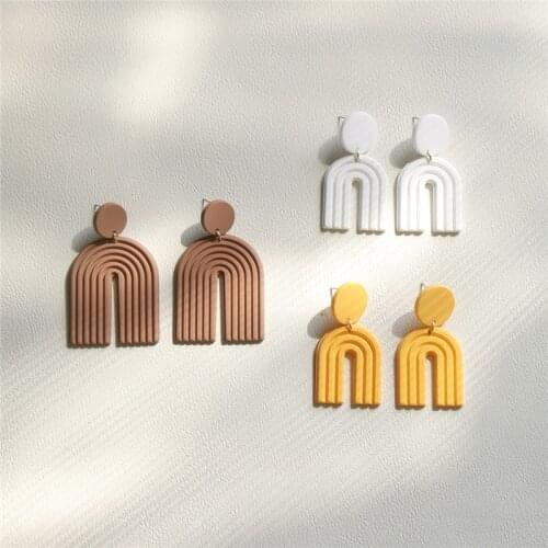 AOMU Korea New Ceramic Clay Solid Color Geometric Arched Colorful Line Handmade Long Drop Earrings fp Earrings for Women Jewelry