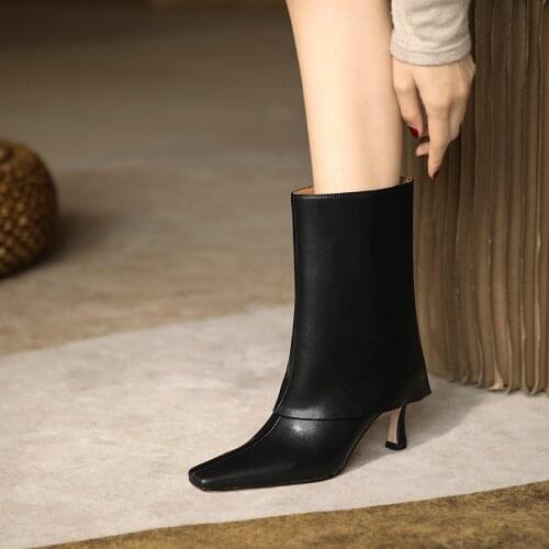 QZYERAI 2021 Women Modern Boots Women Genuine Leather Mid-calf Boots Fold Over Height Thin Heels