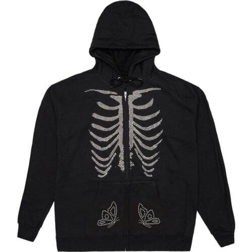 Women Zip Up Hoodies Rhinestone Skeleton Butterfly Graphic Long Sleeve Drawstring Sweatshirts