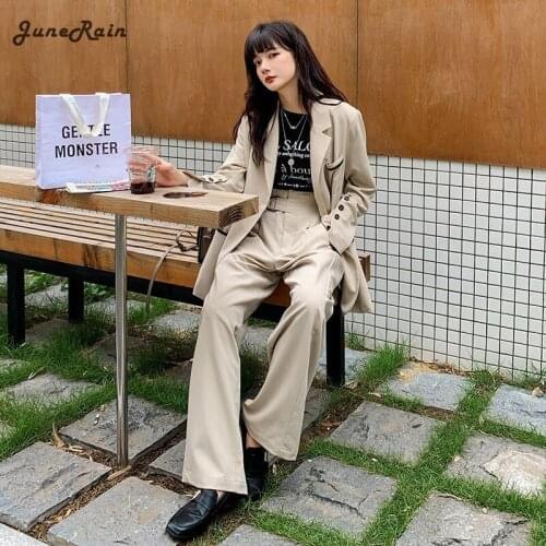 JuneRain Korean Loose 2 Piece Outfits Vintage Long Sleeve Solid Blazer With Belted Pants Casual Business Set Womens Office Suit