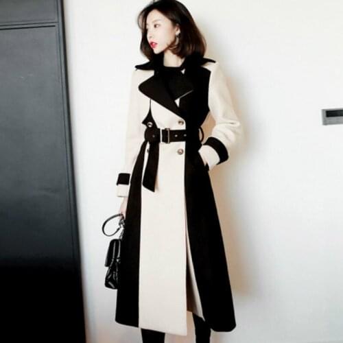 2019 New Autumn Winter Women England Style Loose Patchwork Long Wool Blend Coat With Belt Female Elegant Warm Long Woolen Jacket