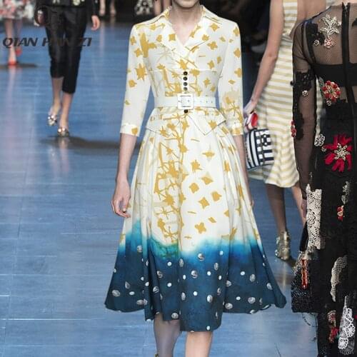 Qian Han Zi spring designer fashion runway vintage dress elegant pattern Gradient print belt Slim Holiday midi dress women new
