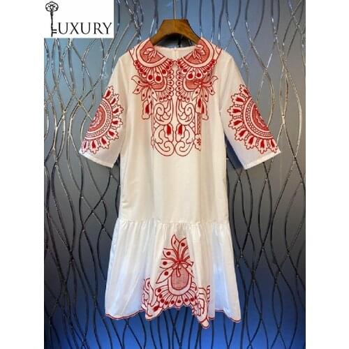 Spring 100%Cotton Summer 2020 White Red High Quality Women Peter Pan Collar Exquisite Embroidery Short Sleeve Dress
