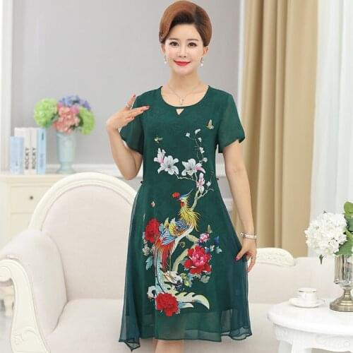 High quality new summer 2018 womens vintage printing chiffon dress elegant ladies floral printed dress short sleeve