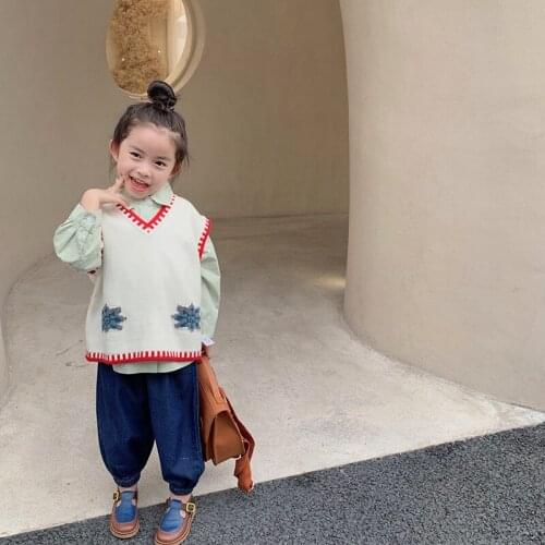 Girls' Vest 2021 Autumn New Childrens Korean Casual Flower All-match Sweater Vest Kids Autumn Clothes