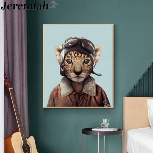 Animal Aviator Canvas Painting Leopard Blue Background Poster Picture Print Wall Art Nordic Home Living Room Decoration Gift