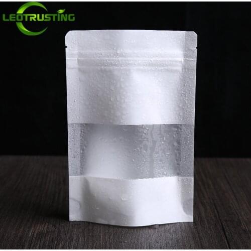 Leotrusting 100pcs Stand Up White Paper Frosted Window Zip Lock Bag Snack Nuts Ground Coffee Powder Biscuits Pack Storage Bags