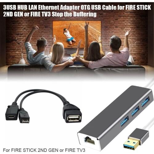 3USB HUB LAN Ethernet Adapter OTG USB Cable for FIRE STICK 2ND GEN or FIRE TV3 Stop the Buffering