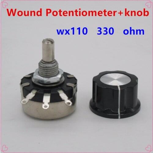 5pcs WX110(010) 330 ohm 3 Soldering Terminals 6mm Round Metal Shaft Single Turn Wire Wound Potentiometer+knob