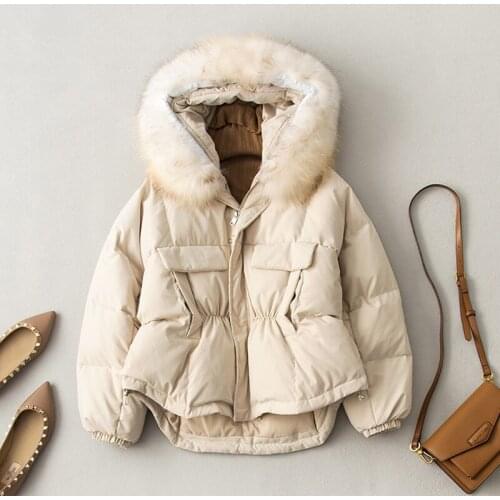Aibeautyer Winter 90% White Duck Down Irregular Jacket Beige Loose Warm Snow Outwea Big Real Raccoon Fur Hooded Short Coat