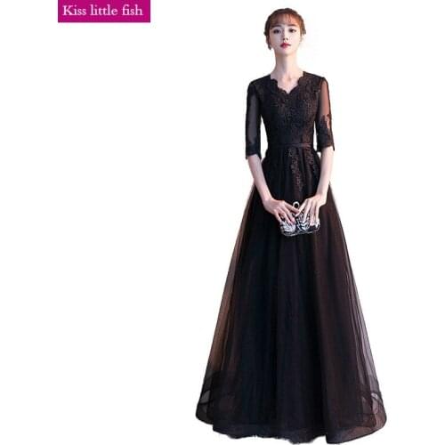 Free Shipping Cheap Black Long Prom Dress Lace Elegant Ladies Long Gowns Black