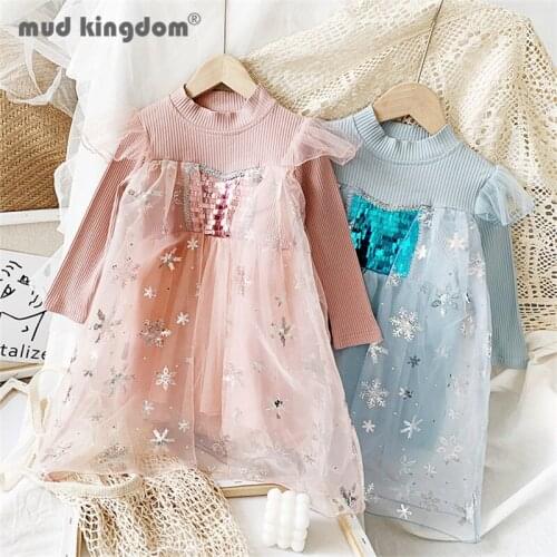 Mudkingdom Princess Dress for Little Girl Long Sleeve Patchwork Mesh Sequin Print Fairy Dresses for Kids Spring Autumn Clothing