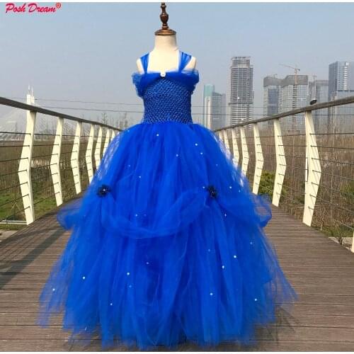 POSH DREAM Adorable Royal Blue Flower Wedding Dresses for Kids Girls with Flower Belt Pearls Tulle Lolita Children Party Clothes