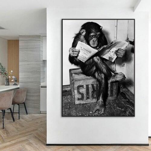 Reading Newspaper Monkey Poster Black White Animal Canvas Painting Orangutan Pictures Prints Modern Restroom Decoration Cuadros
