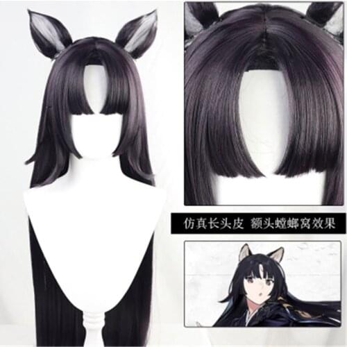 Game Arknights Saga Cosplay Wig with Ears Black Long Straight Heat Resistant Synthetic Hair Halloween Party+ Free Wig Cap+Ears