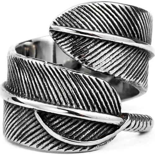 Punk antique feather ring adjustable man stainless steel jewelry for man