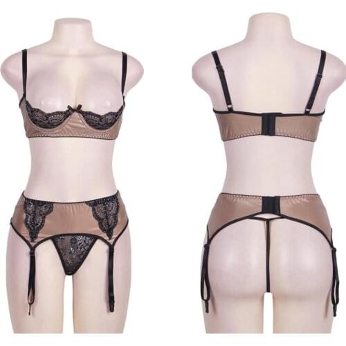 Faux Leather Wetlook Mesh Floral Lace Open Cup Wire Bralette Bra Top Garter Belt Skirt Thong Fetish 3 Pcs Lingerie Set Plus Size