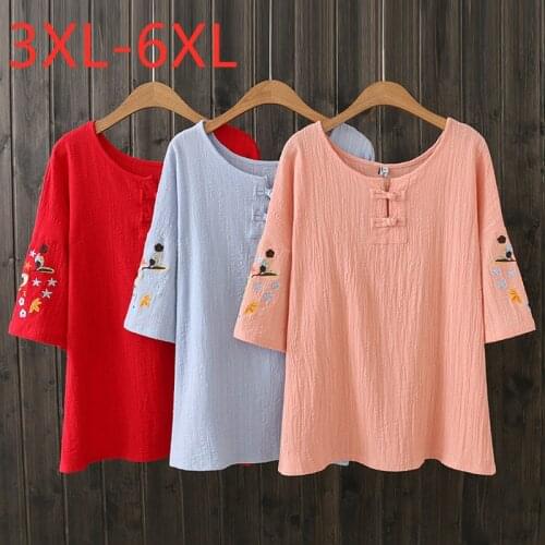 New 2021 Ladies Summer Plus Size Tops For Women Large Short Sleeve Loose Cotton Linen Embroidery O-neck T-shirt 3XL 4XL 5XL 6XL