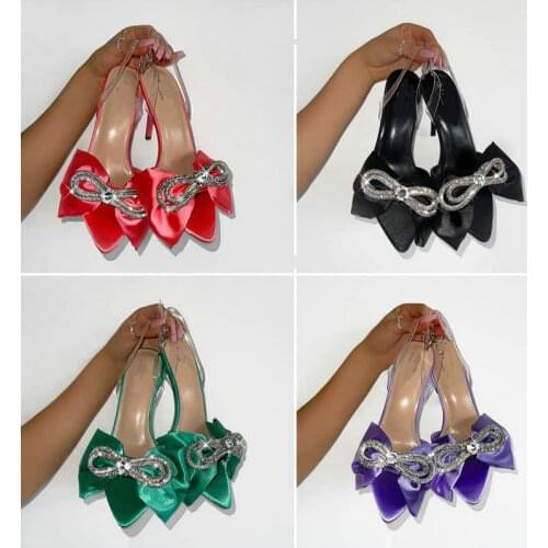2021 Summer New High-heeled Satin Pointed Toe Sexy Rhinestone Butterfly-knot Stiletto Sandals