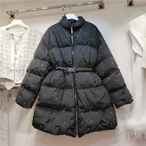 New Rhinestone Beaded Waist Cotton Clothes Womens Winter 2021 Mid-length Thickened Parka Womens Warm Jacket