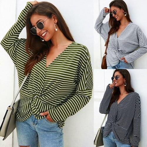 Autumn Long Sleeve Striped Pullover Women Knitted Sweaters V-Neck Criss-Cross Slim Tunic Tops Korean Jumper Female Knit Blouses