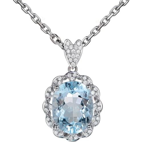 Aquamarine gemstones blue crystal pendant necklace for women femme bijou zircon diamond white gold silver color choker jewelry