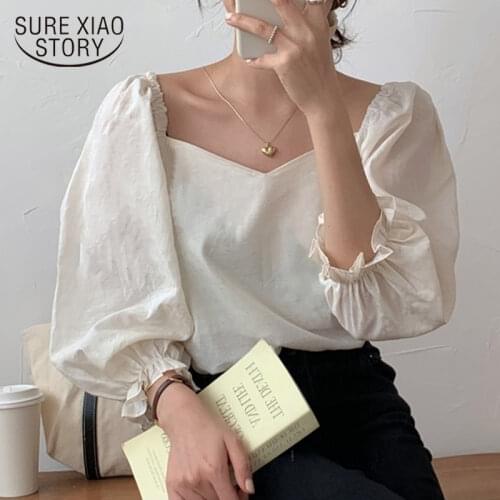 Casual Female Tops Spring 2021 Fashion Korean Chic Blouse Women Sexy Square Collar Puff Sleeve Ladies' Blusa White Shirts 10165
