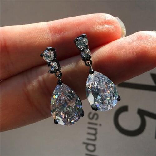 Luxury Female Crystal White Water Drop Earrings 14KT Black Gold Wedding Earrings Vintage Long Dangle Earrings For Women
