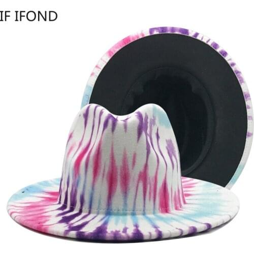 New Style Colorful Wide Brim Tie Dye Felt Fedoras Hat for Men Women Gentleman Elegant Ladies Fascinator Top Jazz Cap