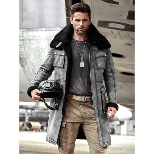 2019 New Mens Gray Sheepskin Coat B3 Shearling Jacket Thick Long Fur Coat Fur Jacket Double Collar Mens Winter Coats