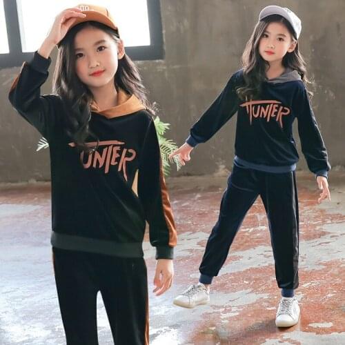 Spring Autumn Girls Sports Suit Velvet Vestidos Tracksuit Kids Fashion Sportwear Children Hooded Suit Clothes Set Casual Outfit