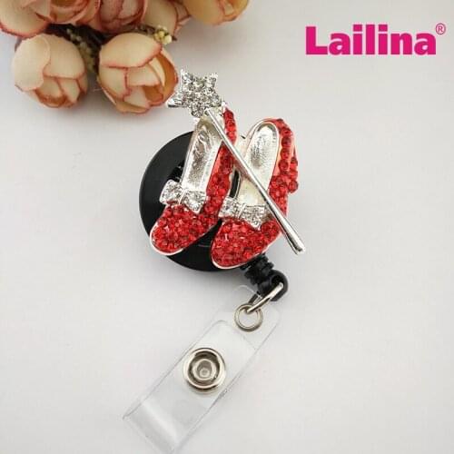 10pcs/lot Nurse Retractable Badge Reel Silver-tone Red Crystal Heel Shoes And Star Wand And Bow ID Card Badge Holder