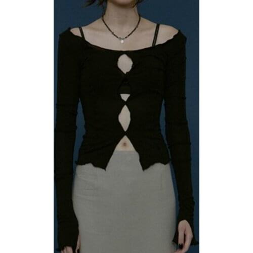 2021 Casual Comfortable Sexy solid hollow out top long sleeve O-neck t-shirt woman Autumn Spring top