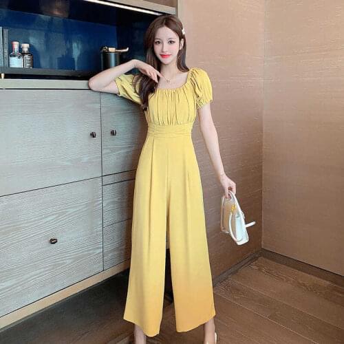 Women 2021 Summer Rompers Female Elegant Short Sleeve Wide Leg Overalls Office Lady Casual Jumpsuits Office Work Playsuits U61