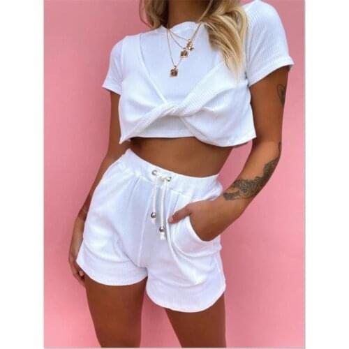 Imcute Women Pure Color Sports Suit Criss-cross Short Sleeve T-shirt Crop Top Shorts Pants Workout Tracksuit Summer Outfit Set